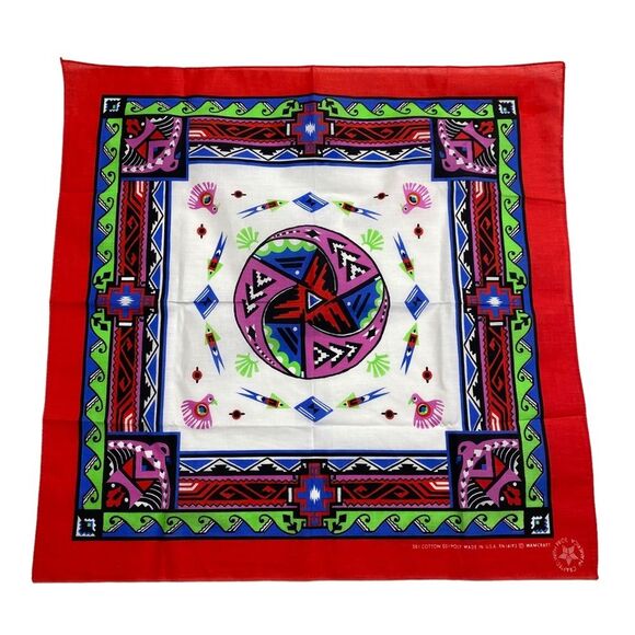 Vintage Wamcraft Southwestern Tribal Bandanna Head Scarf Kerchief Made in USA - Picture 1 of 10